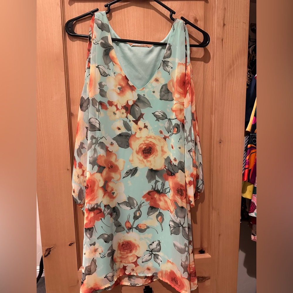 The Wish Factory Turquoise Floral Open Sleeve Dress